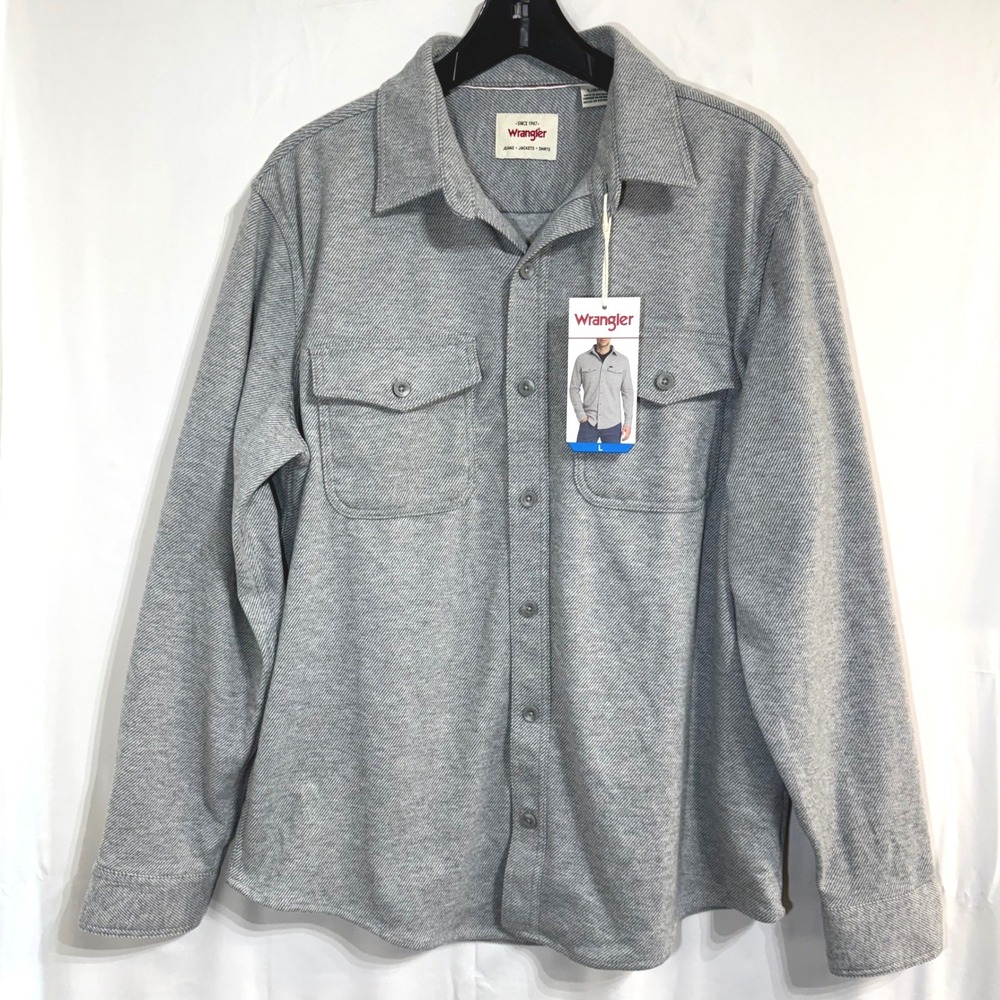 Wrangler Mens Large Gray Flannel Brushed Knit Shirt Long Sleeve Button Down NEW